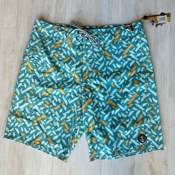 NWT Captain Fin Lasso Waist Board Shorts in Teal & Yellow - Picture 1 of 6